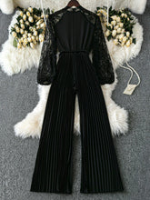 Women's Deep V Neck Lace Patchwork Lantern Sleeve Belted Pleated Wide Leg Jumpsuit